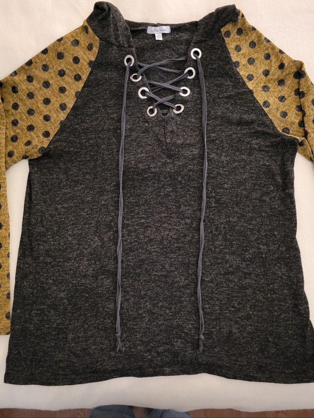White Birch Women's Small Lace Up Hoodie Mustard Polka Dot Sleeve Tunic Top USA